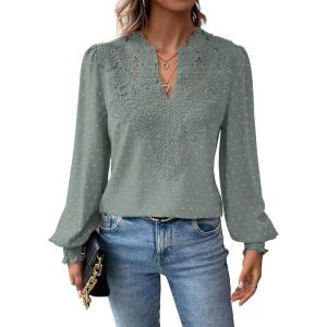 imageWomens Tops Swiss Dot Boho Long Sleeve Shirts V Neck Casual Chiffon Blouses Flowy Lace Hem Cute Clothing Trendy 2026Sage Green