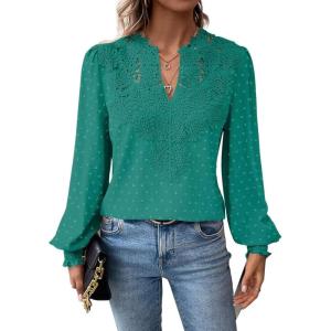 imageWomens Tops Swiss Dot Boho Long Sleeve Shirts V Neck Casual Chiffon Blouses Flowy Lace Hem Cute Clothing Trendy 2026Turquoise