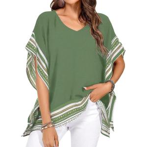 imageFalechay Womens Casual V Neck Floral Tops Batwing Sleeve Blouse Loose Fitting Shirts Boho Flowy Side Slit TeesArmy Green