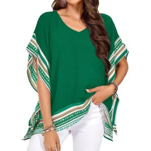 imageFalechay Womens Casual V Neck Floral Tops Batwing Sleeve Blouse Loose Fitting Shirts Boho Flowy Side Slit TeesClover Green