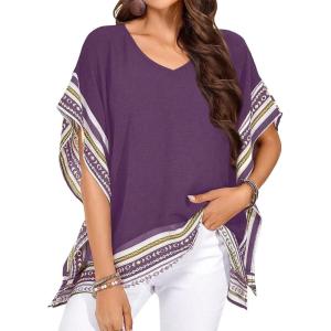 imageFalechay Womens Casual V Neck Floral Tops Batwing Sleeve Blouse Loose Fitting Shirts Boho Flowy Side Slit TeesDark Purple