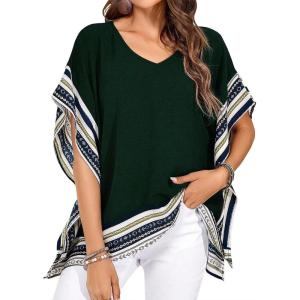 imageFalechay Womens Casual V Neck Floral Tops Batwing Sleeve Blouse Loose Fitting Shirts Boho Flowy Side Slit TeesGreen
