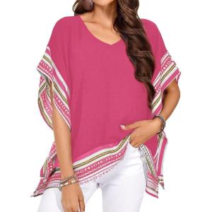 imageFalechay Womens Casual V Neck Floral Tops Batwing Sleeve Blouse Loose Fitting Shirts Boho Flowy Side Slit TeesHot Pink
