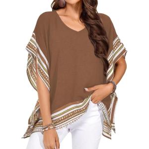 imageFalechay Womens Casual V Neck Floral Tops Batwing Sleeve Blouse Loose Fitting Shirts Boho Flowy Side Slit TeesMocha