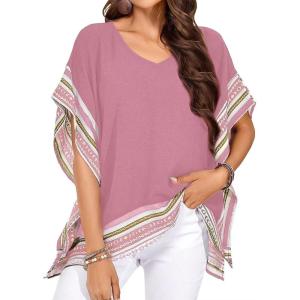 imageFalechay Womens Casual V Neck Floral Tops Batwing Sleeve Blouse Loose Fitting Shirts Boho Flowy Side Slit TeesPink