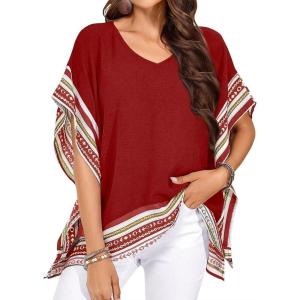 imageFalechay Womens Casual V Neck Floral Tops Batwing Sleeve Blouse Loose Fitting Shirts Boho Flowy Side Slit TeesRed