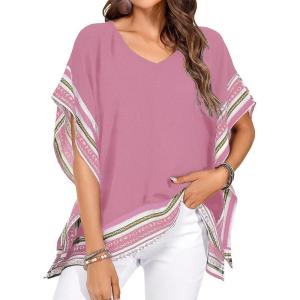 imageFalechay Womens Casual V Neck Floral Tops Batwing Sleeve Blouse Loose Fitting Shirts Boho Flowy Side Slit TeesRose Pink