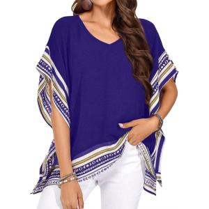 imageFalechay Womens Casual V Neck Floral Tops Batwing Sleeve Blouse Loose Fitting Shirts Boho Flowy Side Slit TeesRoyal Blue