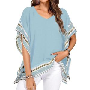 imageFalechay Womens Casual V Neck Floral Tops Batwing Sleeve Blouse Loose Fitting Shirts Boho Flowy Side Slit TeesSky Blue