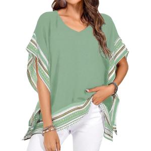 imageFalechay Womens Casual V Neck Floral Tops Batwing Sleeve Blouse Loose Fitting Shirts Boho Flowy Side Slit TeesTurquoise