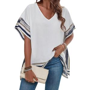 imageFalechay Womens Casual V Neck Floral Tops Batwing Sleeve Blouse Loose Fitting Shirts Boho Flowy Side Slit TeesWhite