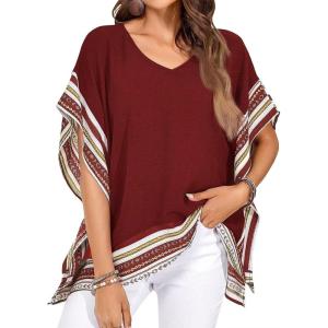 imageFalechay Womens Casual V Neck Floral Tops Batwing Sleeve Blouse Loose Fitting Shirts Boho Flowy Side Slit TeesWine Red