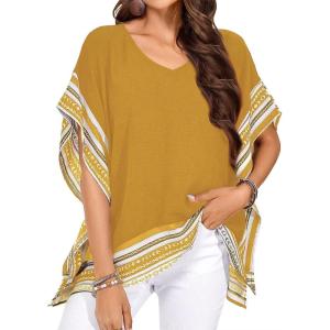 imageFalechay Womens Casual V Neck Floral Tops Batwing Sleeve Blouse Loose Fitting Shirts Boho Flowy Side Slit TeesYellow