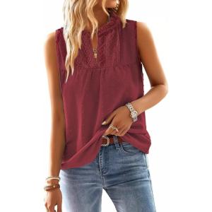 imageFalechay Womens Summer Tops V Neck Blouses for Women Boho Clothing Dressy Casual Flowy Lace Sleeveless Shirts TanktopsBurgundy