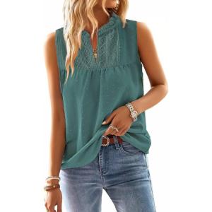 imageFalechay Womens Summer Tops V Neck Blouses for Women Boho Clothing Dressy Casual Flowy Lace Sleeveless Shirts TanktopsCyan