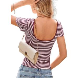 imageFalechay Long Sleeve Shirts for Women Sexy Backless Striped Tops Going Out TShirt Y2K Crop Womens Blouse Boat Neck OutfitAburgundy