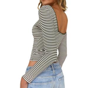 imageFalechay Long Sleeve Shirts for Women Sexy Backless Striped Tops Going Out TShirt Y2K Crop Womens Blouse Boat Neck OutfitArmy Green and White