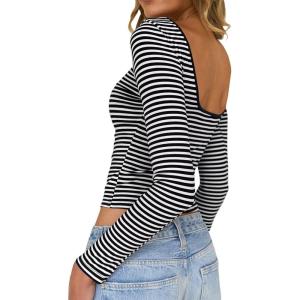imageFalechay Long Sleeve Shirts for Women Sexy Backless Striped Tops Going Out TShirt Y2K Crop Womens Blouse Boat Neck OutfitBlack
