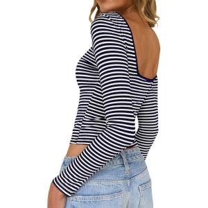 imageFalechay Long Sleeve Shirts for Women Sexy Backless Striped Tops Going Out TShirt Y2K Crop Womens Blouse Boat Neck OutfitBlue