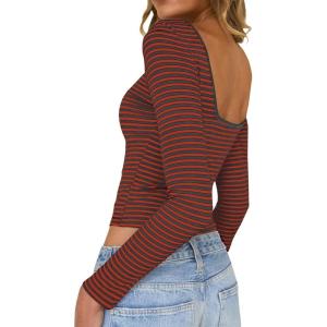 imageFalechay Long Sleeve Shirts for Women Sexy Backless Striped Tops Going Out TShirt Y2K Crop Womens Blouse Boat Neck OutfitGrey and Orange