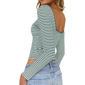 imageFalechay Long Sleeve Shirts for Women Sexy Backless Striped Tops Going Out TShirt Y2K Crop Womens Blouse Boat Neck OutfitLight Green and White