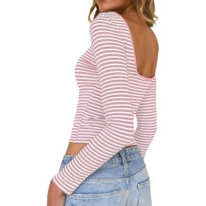 imageFalechay Long Sleeve Shirts for Women Sexy Backless Striped Tops Going Out TShirt Y2K Crop Womens Blouse Boat Neck OutfitPink