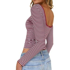 imageFalechay Long Sleeve Shirts for Women Sexy Backless Striped Tops Going Out TShirt Y2K Crop Womens Blouse Boat Neck OutfitRed