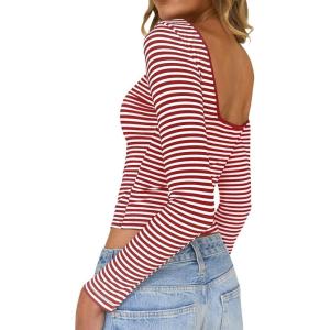 imageFalechay Long Sleeve Shirts for Women Sexy Backless Striped Tops Going Out TShirt Y2K Crop Womens Blouse Boat Neck OutfitRed and White