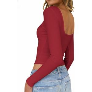 imageFalechay Long Sleeve Shirts for Women Sexy Backless Striped Tops Going Out TShirt Y2K Crop Womens Blouse Boat Neck OutfitSolid Red