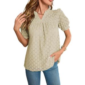 imageFalechay Tops For Women 2025 Boho Floral Short Puff Sleeve Shirts Summer Flowy V Neck Casual Lace BlousesApricot