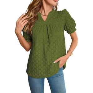 imageFalechay Tops For Women 2025 Boho Floral Short Puff Sleeve Shirts Summer Flowy V Neck Casual Lace BlousesGreen