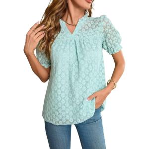 imageFalechay Tops For Women 2025 Boho Floral Short Puff Sleeve Shirts Summer Flowy V Neck Casual Lace BlousesLight Blue