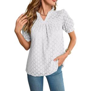 imageFalechay Tops For Women 2025 Boho Floral Short Puff Sleeve Shirts Summer Flowy V Neck Casual Lace BlousesWhite