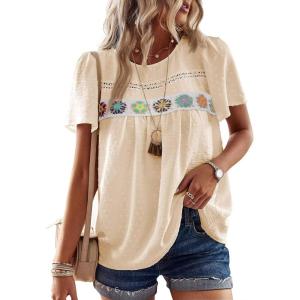 imageFalechay Womens Summer Tops Boho Crewneck Short Sleeve Shirts Floral Crochet Chiffon Blouses Flowy Casual Swiss Dot ClothingApricot