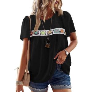 imageFalechay Womens Summer Tops Boho Crewneck Short Sleeve Shirts Floral Crochet Chiffon Blouses Flowy Casual Swiss Dot ClothingBlack