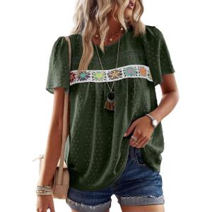 imageFalechay Womens Summer Tops Boho Crewneck Short Sleeve Shirts Floral Crochet Chiffon Blouses Flowy Casual Swiss Dot ClothingGreen
