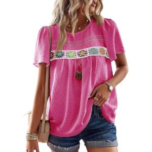 imageFalechay Womens Summer Tops Boho Crewneck Short Sleeve Shirts Floral Crochet Chiffon Blouses Flowy Casual Swiss Dot ClothingHot Pink