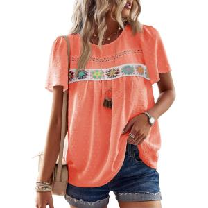 imageFalechay Womens Summer Tops Boho Crewneck Short Sleeve Shirts Floral Crochet Chiffon Blouses Flowy Casual Swiss Dot ClothingLight Orange