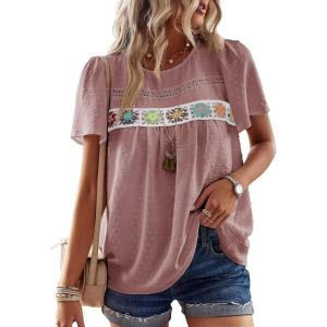 imageFalechay Womens Summer Tops Boho Crewneck Short Sleeve Shirts Floral Crochet Chiffon Blouses Flowy Casual Swiss Dot ClothingPink