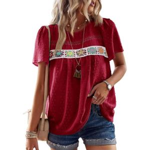 imageFalechay Womens Summer Tops Boho Crewneck Short Sleeve Shirts Floral Crochet Chiffon Blouses Flowy Casual Swiss Dot ClothingRed