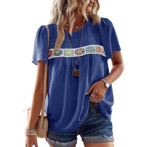 imageFalechay Womens Summer Tops Boho Crewneck Short Sleeve Shirts Floral Crochet Chiffon Blouses Flowy Casual Swiss Dot ClothingRoyal Blue