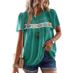 imageFalechay Womens Summer Tops Boho Crewneck Short Sleeve Shirts Floral Crochet Chiffon Blouses Flowy Casual Swiss Dot ClothingTurquoise