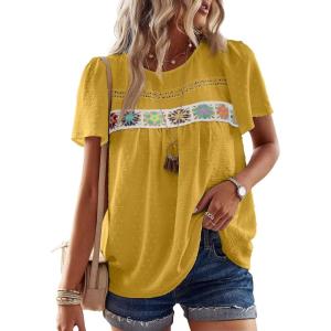 imageFalechay Womens Summer Tops Boho Crewneck Short Sleeve Shirts Floral Crochet Chiffon Blouses Flowy Casual Swiss Dot ClothingYellow