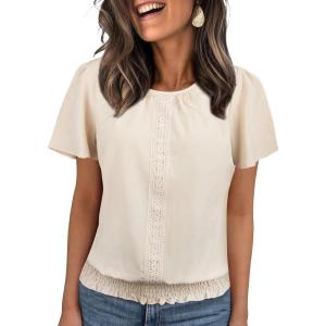 imageFalechay Womens Summer Tops Scoop Neck Ruffle Sleeve Shirts Cute Pleated Front Blouses Dressy Casual 2026Apricot