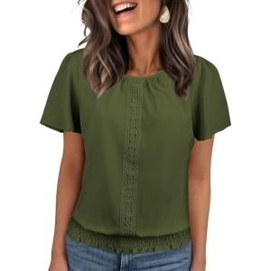 imageFalechay Womens Summer Tops Scoop Neck Ruffle Sleeve Shirts Cute Pleated Front Blouses Dressy Casual 2026Army Green