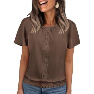 imageFalechay Womens Summer Tops Scoop Neck Ruffle Sleeve Shirts Cute Pleated Front Blouses Dressy Casual 2026Dark Coffee