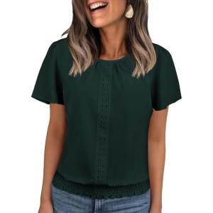 imageFalechay Womens Summer Tops Scoop Neck Ruffle Sleeve Shirts Cute Pleated Front Blouses Dressy Casual 2026Dark Ggreen