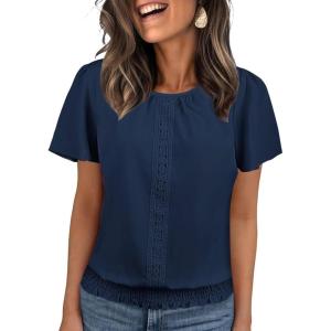 imageFalechay Womens Summer Tops Scoop Neck Ruffle Sleeve Shirts Cute Pleated Front Blouses Dressy Casual 2026Navy Blue