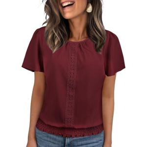 imageFalechay Womens Summer Tops Scoop Neck Ruffle Sleeve Shirts Cute Pleated Front Blouses Dressy Casual 2026Red