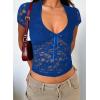 imageFalechay Womens Lace Long Sleeve Shirt Low Cut Y2K Slim Fit Top Bow Sexy Going Out Club Concert ClothesAblue